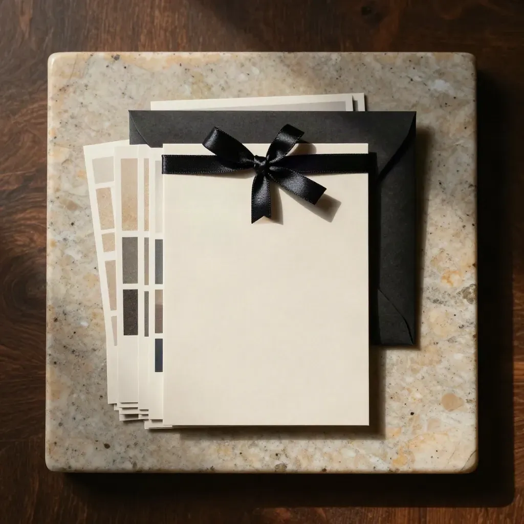 Ivory messaging cards, neutral swatches, and a black ribboned envelope stack on travertine