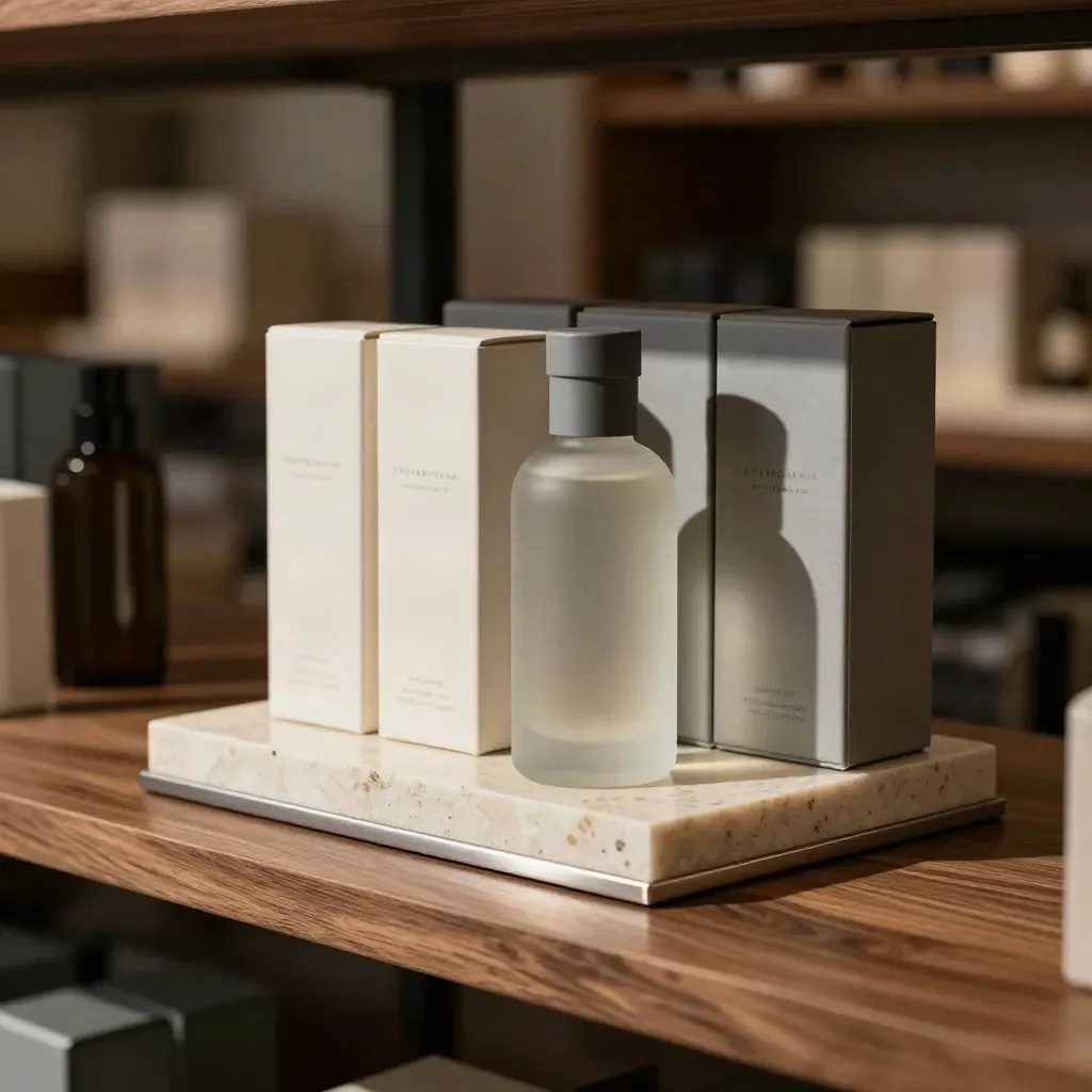 Premium shelf vignette with a hero bottle, aligned sample boxes, and stone display block in warm light.