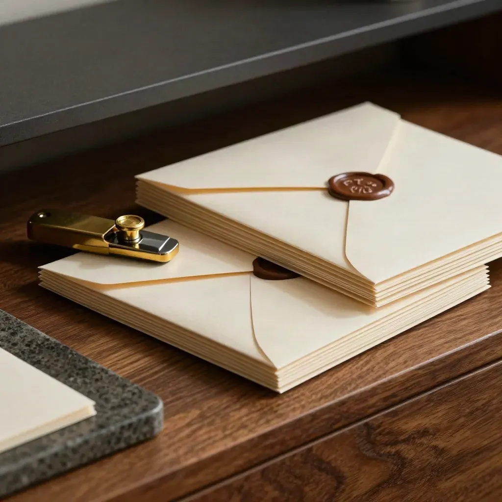 Brass opener, wax seals, and stacked media envelopes on a walnut ledge for PR outreach.