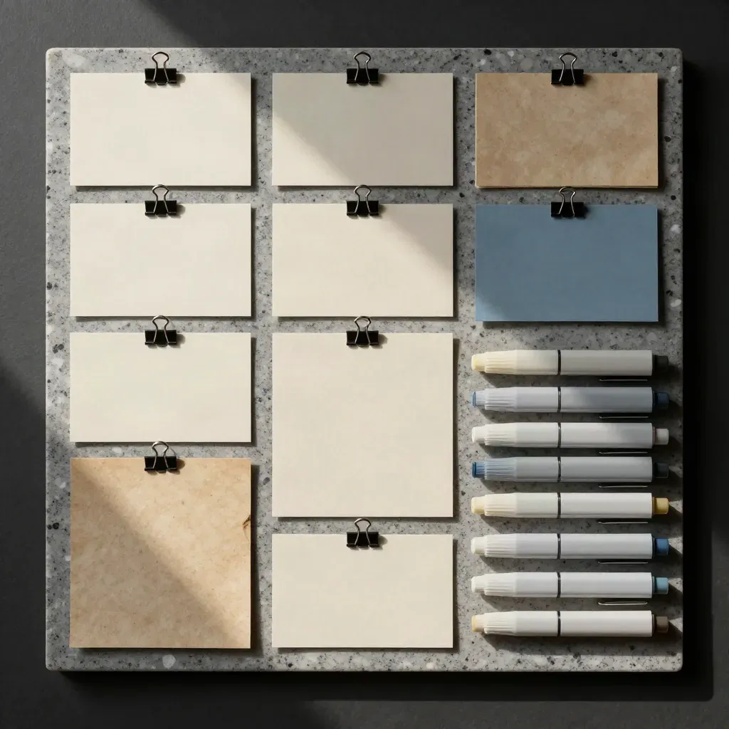 Top-down content strategy flatlay of blank cards, swatches, and clipped tabs in dramatic light.