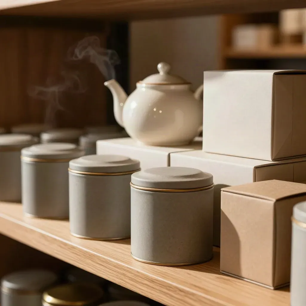 Boutique tea shelf with tins, teapot, and stacked boxes in warm window light.