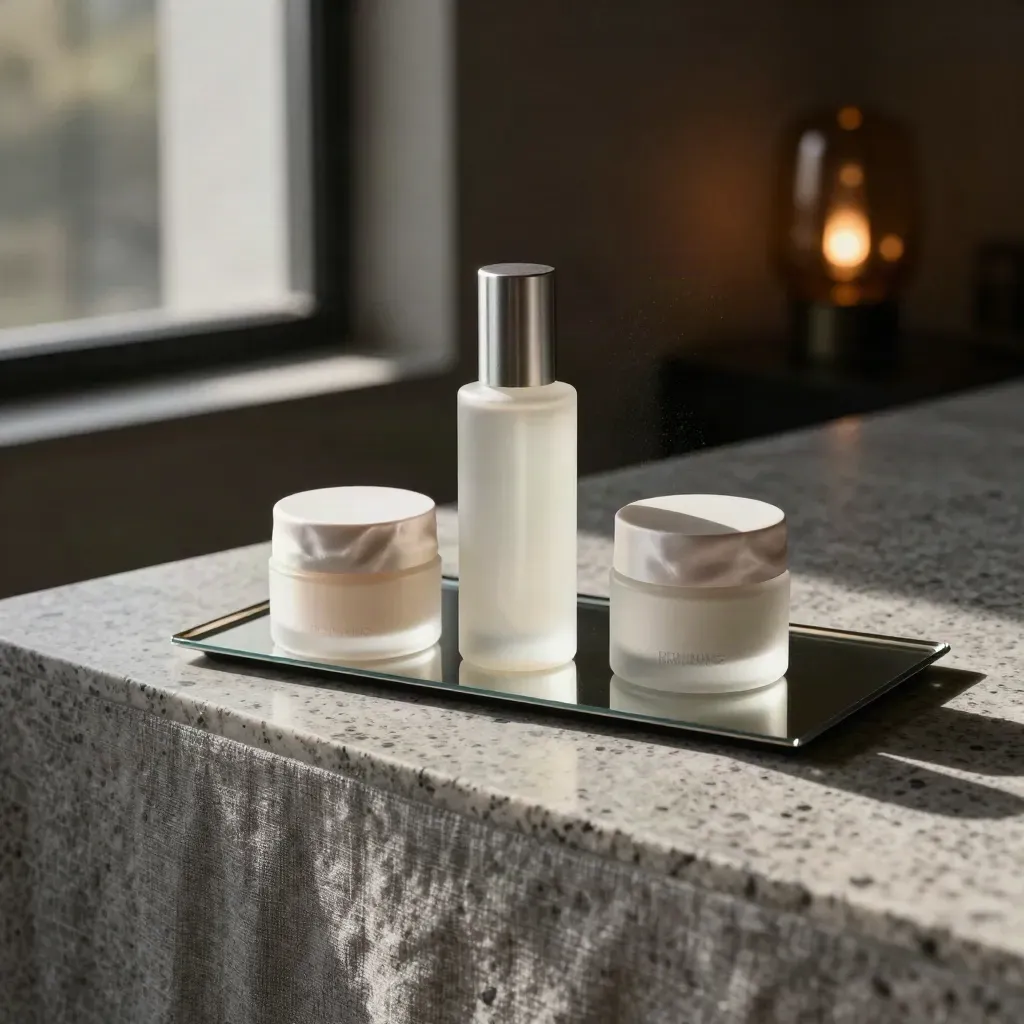 Serum bottle and cream jars on a mirrored tray beside warm window light in a cozy beauty counter.