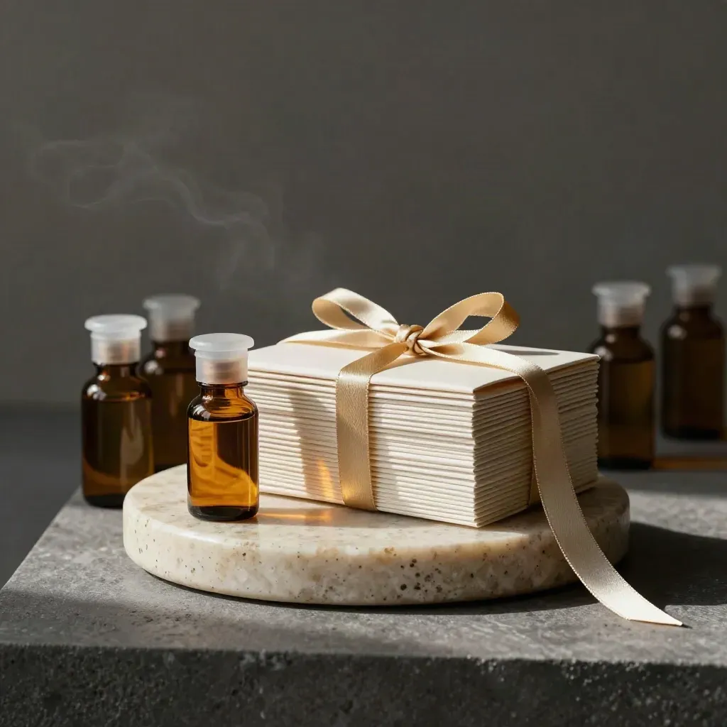 Stone pedestal with sample bottles and ribboned launch kits in a moody wellness press setup