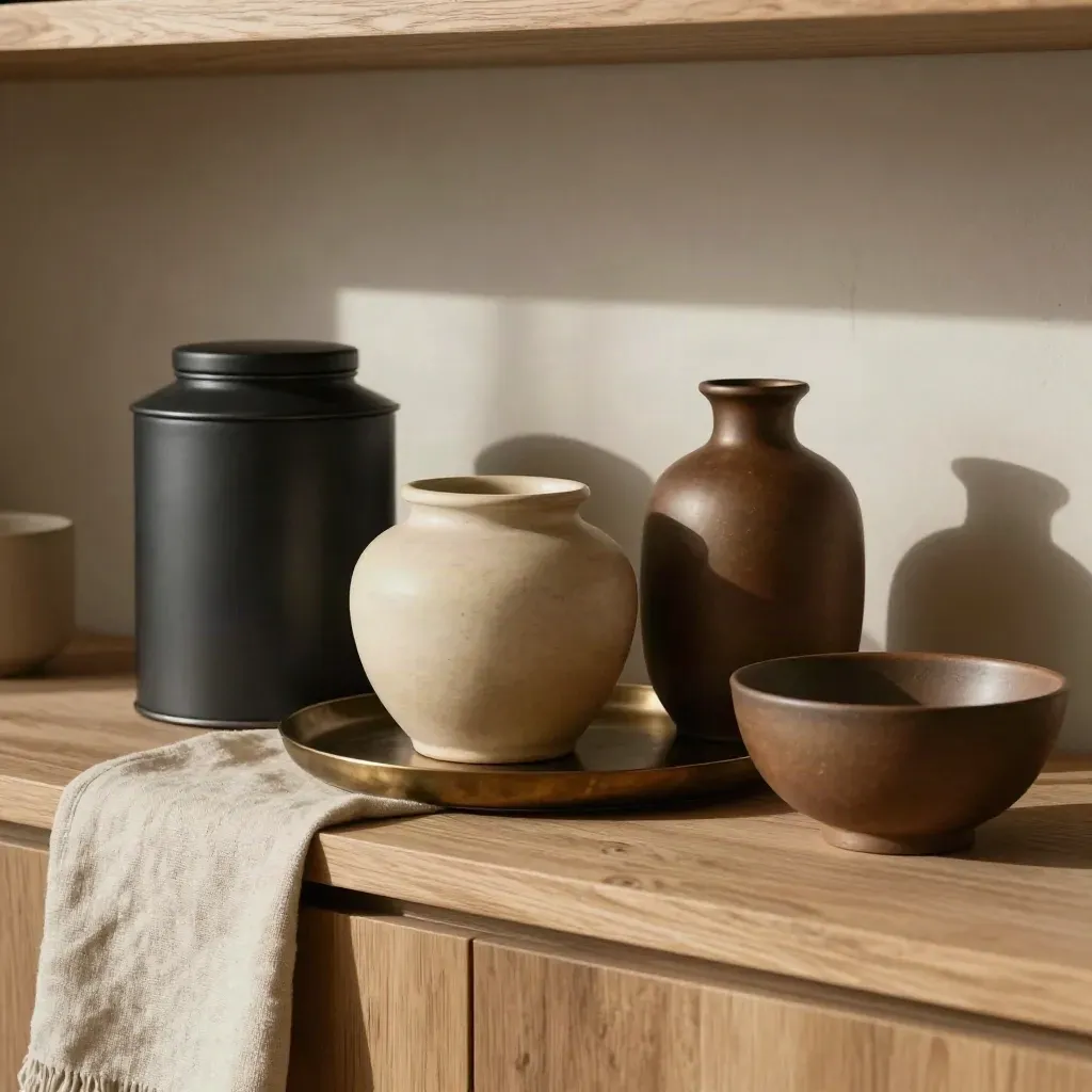 Matte ceramic home-goods shelf with aligned vessels on an oak console
