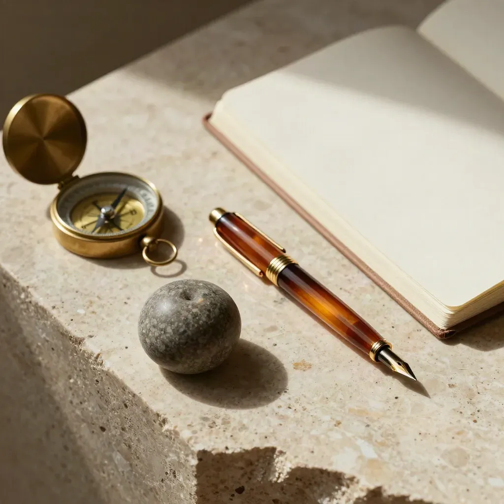 Stone paperweight, brass compass, amber pen and ivory notebook on travertine in soft raking light.