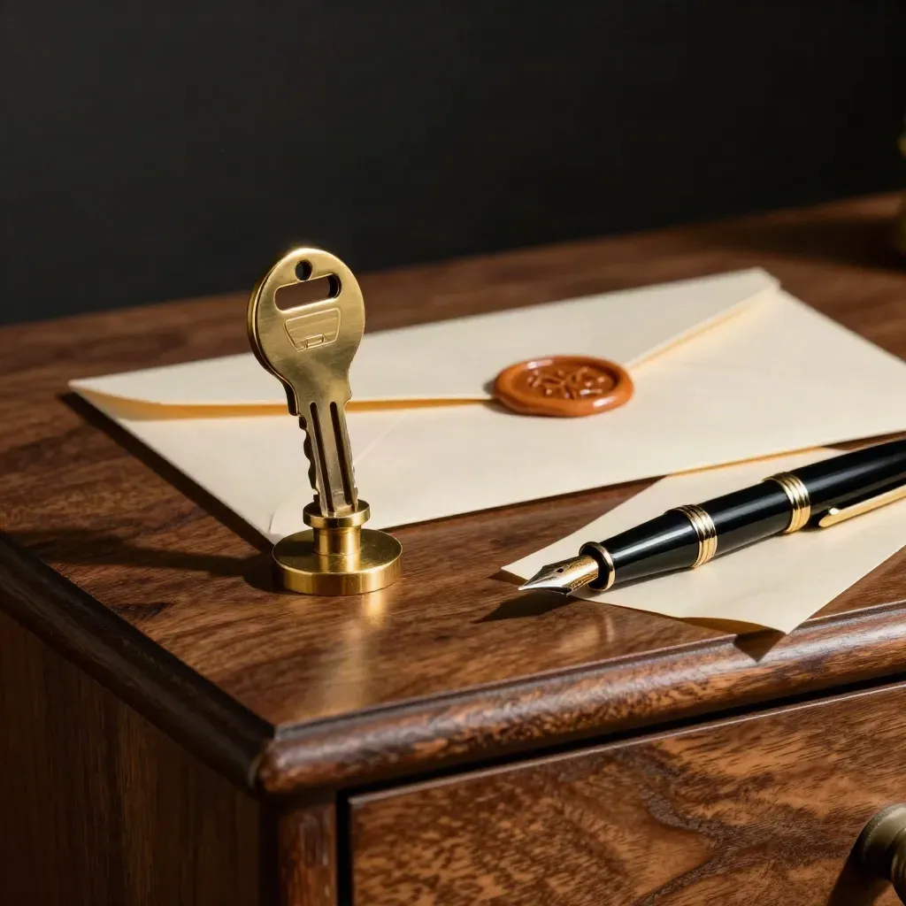Brass letter opener, wax seal, envelopes, and fountain pen on a walnut press cabinet in dramatic shadow.