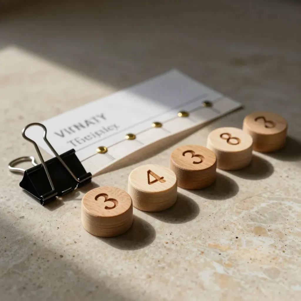Wood tokens, binder clips, and a folded timeline ribbon on limestone