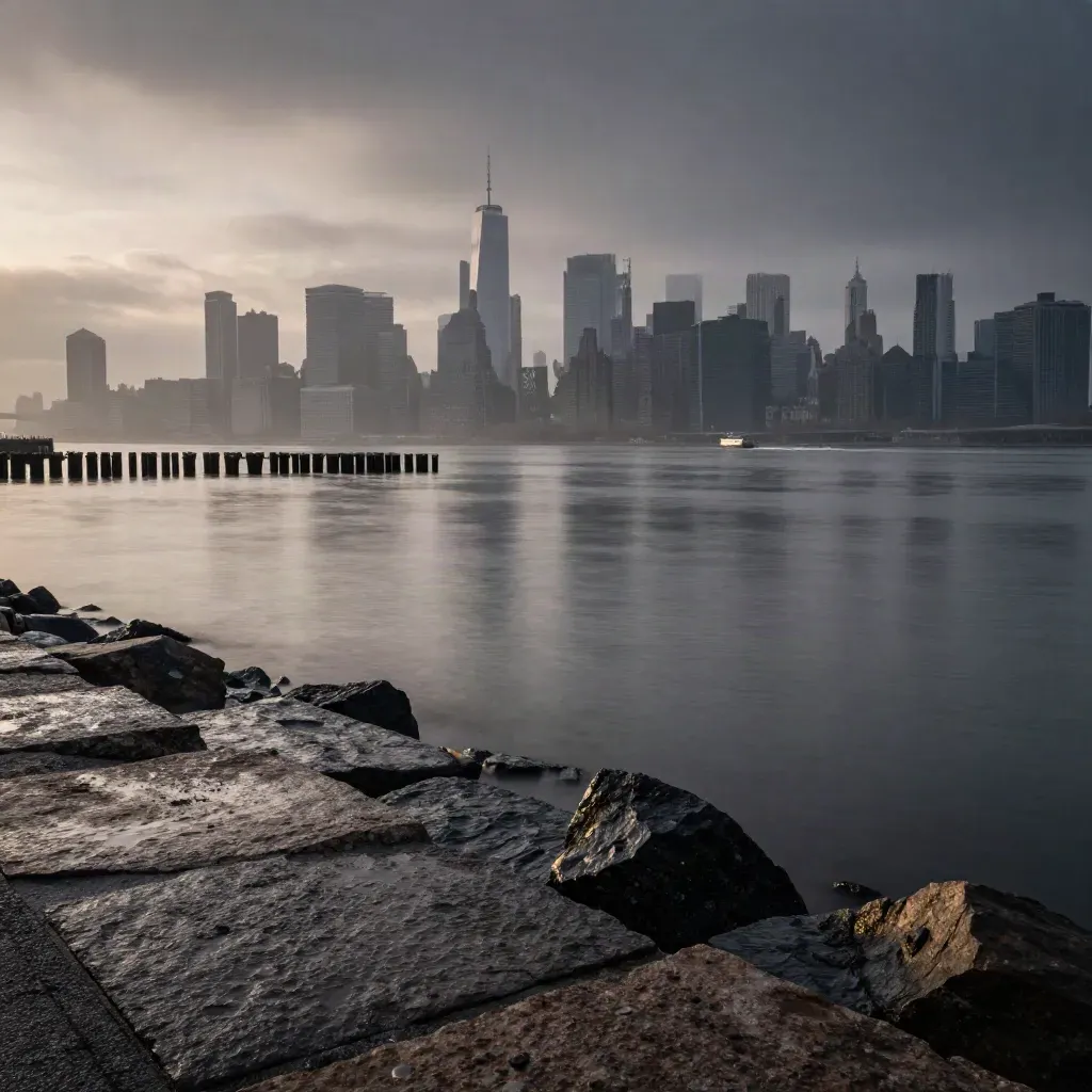 New York skyline over a misty river at blue hour, calm stone shoreline below