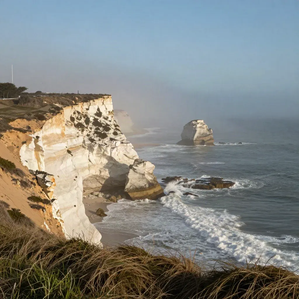 Golden West Coast cliffs above fog and pale surf with a distant city edge