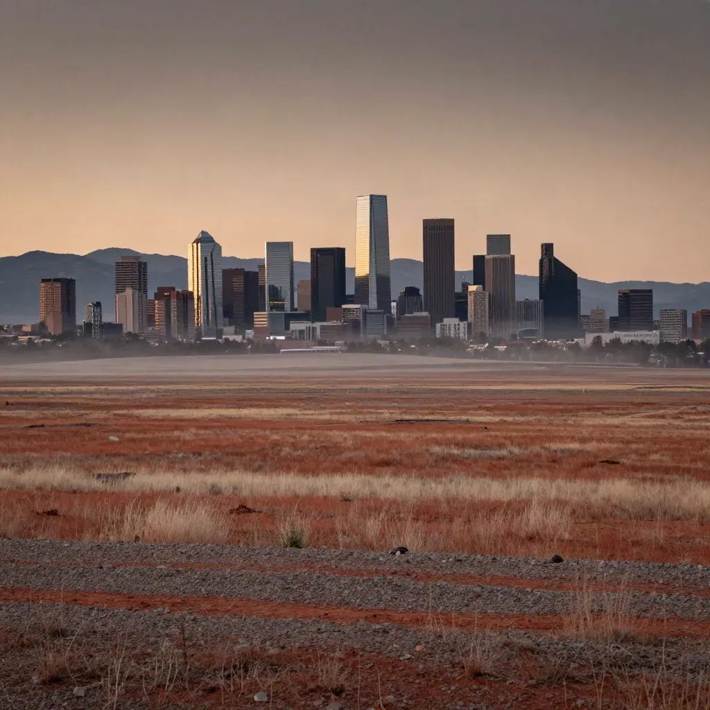 Denver skyline beyond a quiet plain at dusk with haze over the Front Range